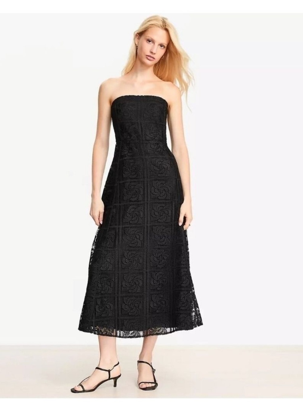LOFT Floral Strapless Black Lace Midi Dress